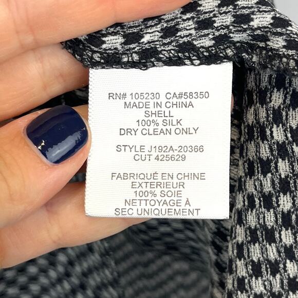 JOIE Silk Check Tie Neck Top Short Sleeve Smocked Blouse Black White Size XS - Picture 8 of 11